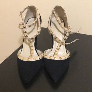 Black suede T strapped wedge heels